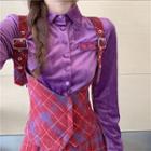 Long-sleeve Heart Embroidered Velvet Shirt / Plaid Buckled Mini A-line Overall Dress