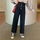 Striped Single-breasted Loose-fit Long-sleeve Blouse / Plain High-waist Loose-fit Single-breasted Wide-leg Jeans