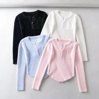 Long Sleeve Button-detail Furry Round-hem Sweater