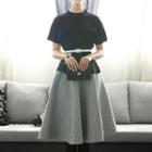 Set: Short-sleeve Top + Striped A-line Skirt