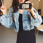 Cropped Sequined Denim Jacket / Midi Knit Tank Dress