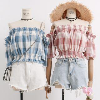 Off-shoulder Ruffled-trim Cropped Plaid Top
