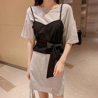 Set: Elbow-sleeve Mini T-shirt Dress + Spaghetti Strap Ribbon Top