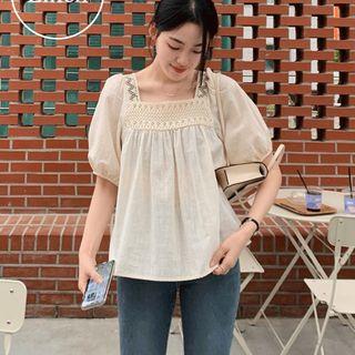 Square-neck Embroidered-panel Top