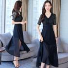 Slit-side Short Sleeve V-neck A-line Dress