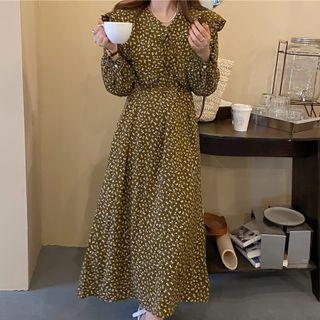Long-sleeve Wide-collar Floral Print Midi A-line Dress Dark Khaki - One Size
