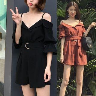 Off-shoulder V-neck Jumper Shorts