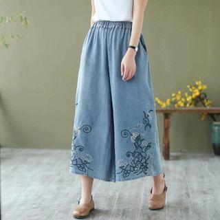 Embroidered Wide-leg Jeans Light Blue - One Size