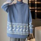 Turtleneck Reindeer Print Cable Knit Sweater