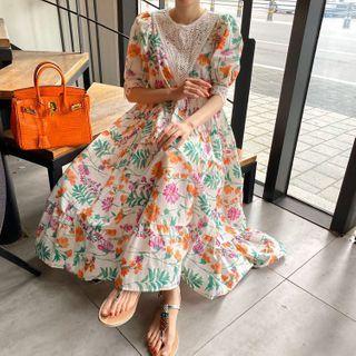 Puff Sleeve Lace Panel Floral Midi A-line Dress As Shown In Figure - One Size