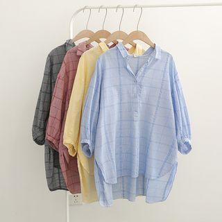 Elbow-sleeve Dip Back Plaid Shirt