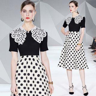 Set: Short-sleeve Collar Top + Dotted Midi Skirt