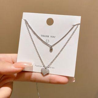 Heart Rhinestone Pendant Layered Alloy Necklace 1pc - X855 - Silver - One Size