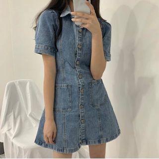 Short-sleeve Washed Mini A-line Denim Shirtdress