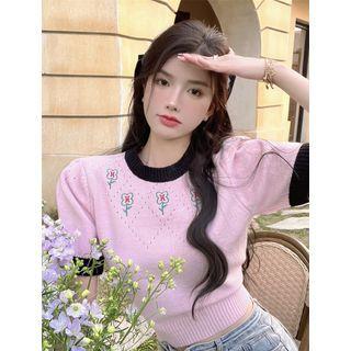 Short-sleeve Floral Knit Top Floral - Pink - One Size