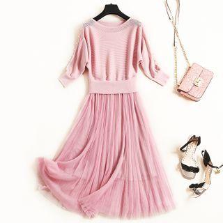 Short-sleeve Knit A-line Midi Mesh Overlay Dress