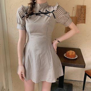 Mandarin Collar Short-sleeve Gingham Mini A-line Dress