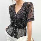 Floral Tulle Button-up Blouse Black - One Size