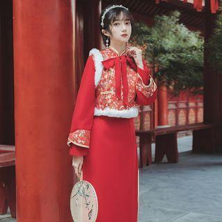 Set: Long-sleeve Midi Qipao + Floral Print Vest