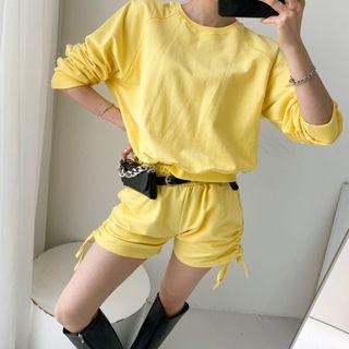 Set: Raglan-sleeve Sweatshirt + Drawstring-side Shorts