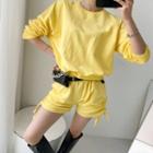 Set: Raglan-sleeve Sweatshirt + Drawstring-side Shorts