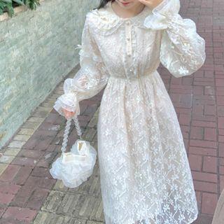 Bell-sleeve Collared Lace Dress