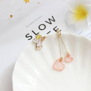 Non-matching Glaze Angel Acrylic Heart Dangle Earring 1 Pair - White & Pink - One Size