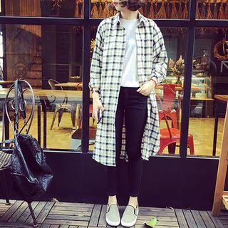 Stand-collar Long-sleeved Open-front Loose-fit Ginghamlong Blouse