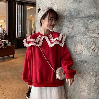 Peter-pan Collar Panel Lace-trim Fleece Long-sleeve Sweatshirt