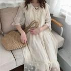 Elbow-sleeve Butterfly Embroidered Midi Chiffon Dress Almond - One Size
