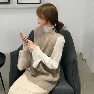 See-through Long-sleeve Blouse / Knit Vest / Plain Knit Skirt