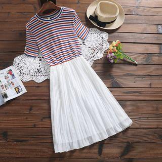 Short-sleeve Striped Knit Panel Dress