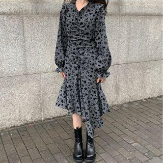Floral Shirred Asymmetrical Midi A-line Dress