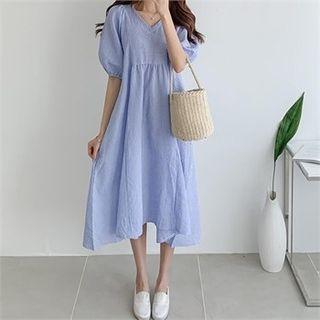 V-neck Puff-sleeve Gingham Dress