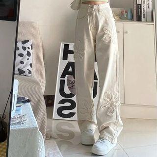 High Waist Flower Applique Loose Fit Jeans