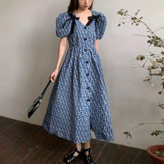 Short-sleeve Print Midi A-line Dress Blue - One Size