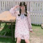 Floral Print Bell-sleeve Mini A-line Dress Floral - Pink - One Size
