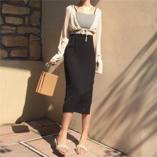 Plaid Panel Spaghetti Strap Midi Dress / Plain Cardigan