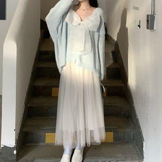 Bow Sweater / Spaghetti Strap A-line Mesh Dress