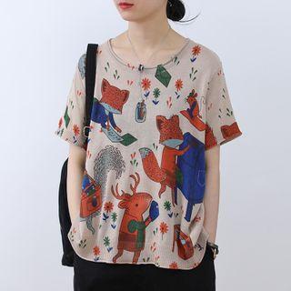 Short-sleeve Cartoon Print Knit Top