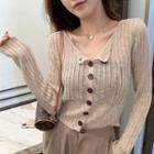 Long-sleeve Single-breasted Knit Top Khaki - One Size