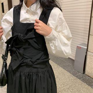 Puff-sleeve Plain Shirt / Bow Accent Plain Jumper Dress