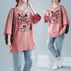Elbow-sleeve Cat Print T-shirt Dark Pink - One Size