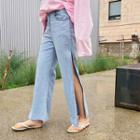 Slit-side Wide-leg Washed Jeans