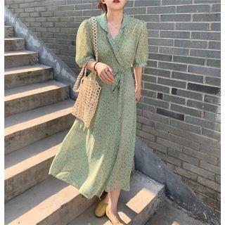 Tie-waist Wrapped Short-sleeve Floral Dress Green - One Size