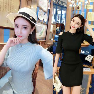 Ruffle-sleeve Cold-shoulder Ribbed Tube Mini Dress