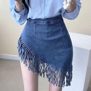 Fringed Asymmetrical Mini Pencil Skirt