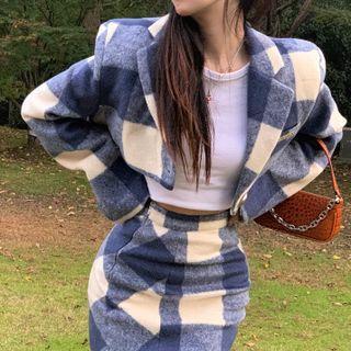 Plaid Acrylic Cropped Blazer / Plaid Acrylic Skirt