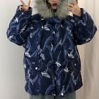 Furry-trim Crane Print Zip Padded Jacket