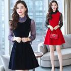 Set: Bell-sleeve Blouse + Sleeveless Mini A-line Dress